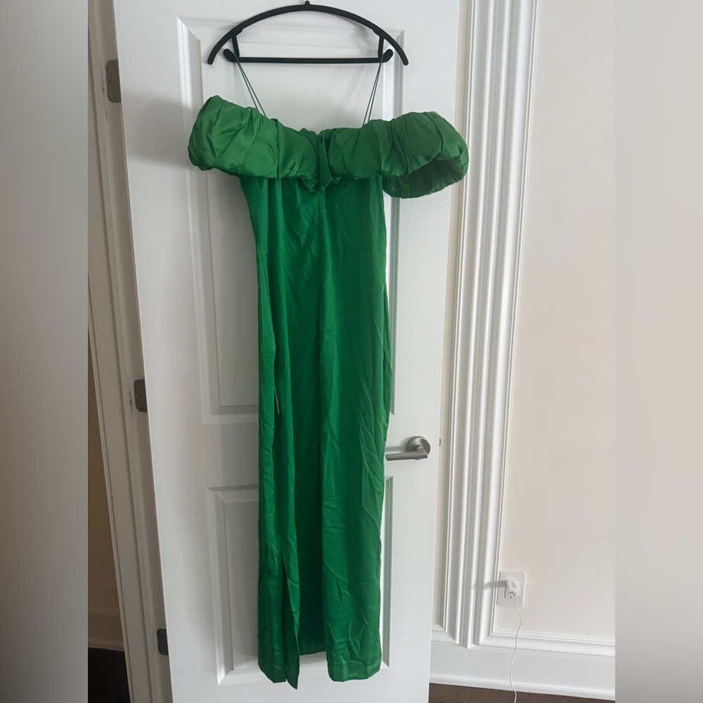$475 ORIRE Amella Cold Shoulder Column Gown Elegant Green Off-Shoulder SZ 12 - Picture 6 of 10